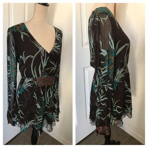 Floral Silk Blouse Top Deep V Beaded Boho Chic L